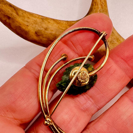 Vintage Green Jade Brooch Pin - Gold Filled with Velvet Choker - Small Lucky Jade Design