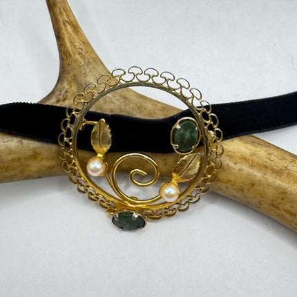 Vintage Green Jade and pearl Brooch Pin - Gold Filled with Velvet Choker - Small Lucky Jade Design