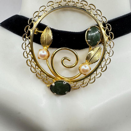 Vintage Green Jade and pearl Brooch Pin - Gold Filled with Velvet Choker - Small Lucky Jade Design