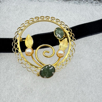 Vintage Green Jade and pearl Brooch Pin - Gold Filled with Velvet Choker - Small Lucky Jade Design