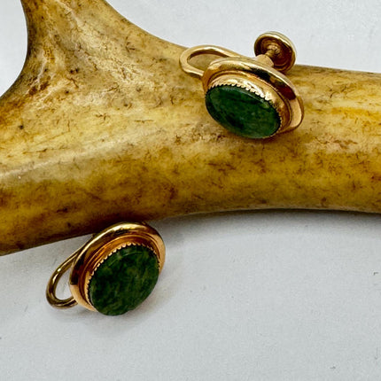 Vintage Green nephrite jade Gold Screw Back Clip-On Earrings 12k GF Delicate Gold Clip On Earrings
