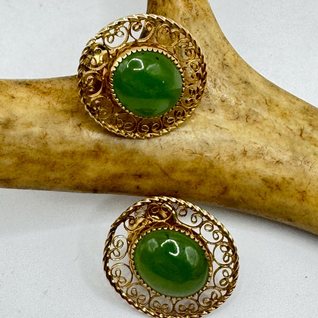 Vintage Green nephrite jade Gold Screw Back Clip-On Earrings 12k GF Delicate Gold Clip On Earrings
