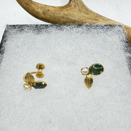 Vintage Green nephrite jade Gold Screw Back Clip-On Earrings 12k GF Delicate Gold Clip On Earrings