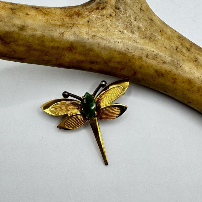 Vintage TINY Dragonfly Green Jade Brooch Pin - Gold Filled with Velvet Choker - Small Scatter Pin Lucky Jade Design