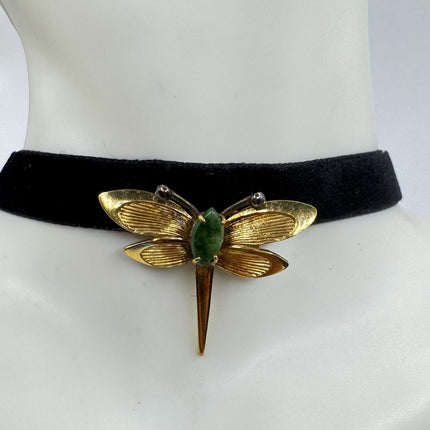 Vintage TINY Dragonfly Green Jade Brooch Pin - Gold Filled with Velvet Choker - Small Scatter Pin Lucky Jade Design