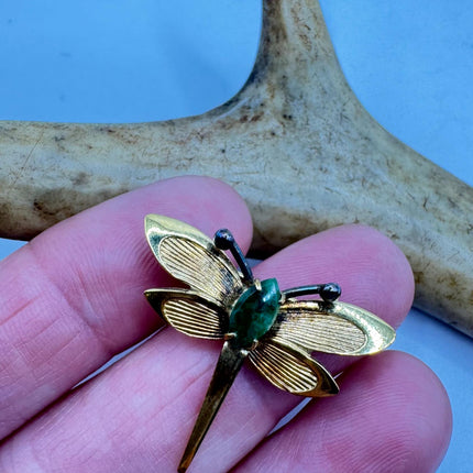 Vintage TINY Dragonfly Green Jade Brooch Pin - Gold Filled with Velvet Choker - Small Scatter Pin Lucky Jade Design