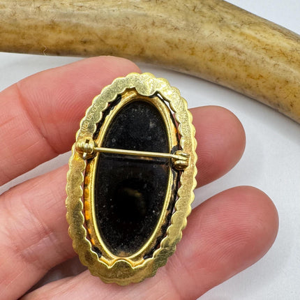 Vintage Lucky Black Onyx Brooch Pin - Gold Filled - Black Velvet Choker - Small and Simple