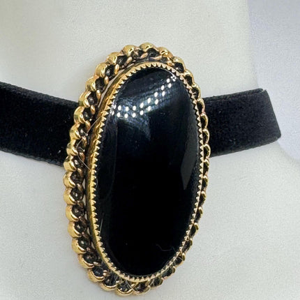 Vintage Lucky Black Onyx Brooch Pin - Gold Filled - Black Velvet Choker - Small and Simple