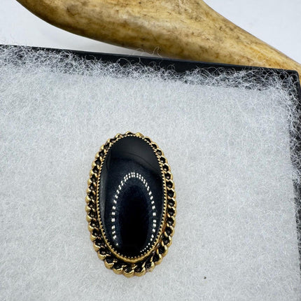 Vintage Lucky Black Onyx Brooch Pin - Gold Filled - Black Velvet Choker - Small and Simple