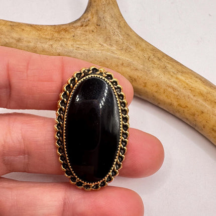 Vintage Lucky Black Onyx Brooch Pin - Gold Filled - Black Velvet Choker - Small and Simple