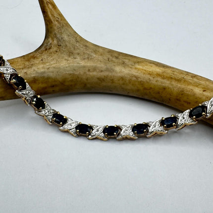Vintage Tennis Bracelet Blue Sapphire and Diamond Chip Set in Gold 925 Sterling Silver