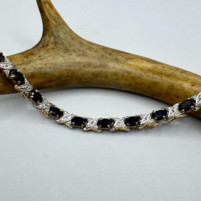 Vintage Tennis Bracelet Blue Sapphire and Diamond Chip Set in Gold 925 Sterling Silver