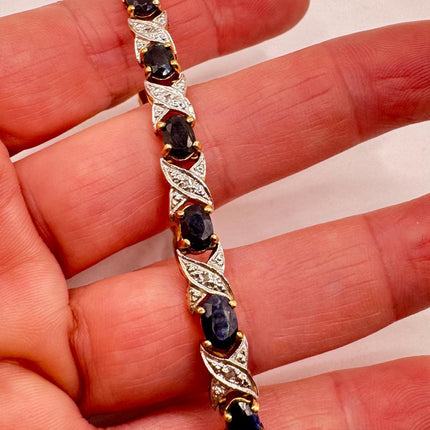 Vintage Tennis Bracelet Blue Sapphire and Diamond Chip Set in Gold 925 Sterling Silver