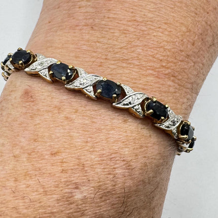 Vintage Tennis Bracelet Blue Sapphire and Diamond Chip Set in Gold 925 Sterling Silver