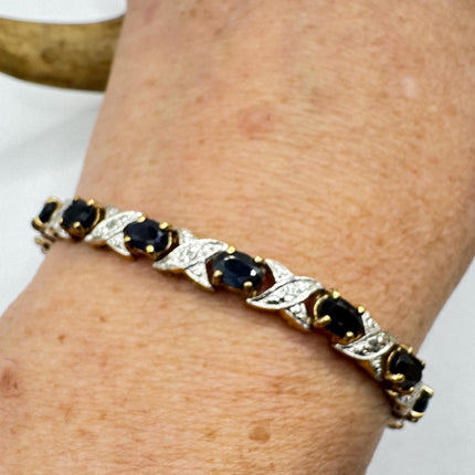 Vintage Tennis Bracelet Blue Sapphire and Diamond Chip Set in Gold 925 Sterling Silver