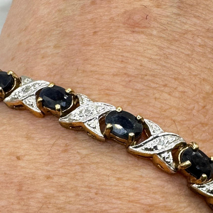 Vintage Tennis Bracelet Blue Sapphire and Diamond Chip Set in Gold 925 Sterling Silver