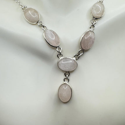 Vintage Pink Rose Quartz Silver Boho Statement Necklace