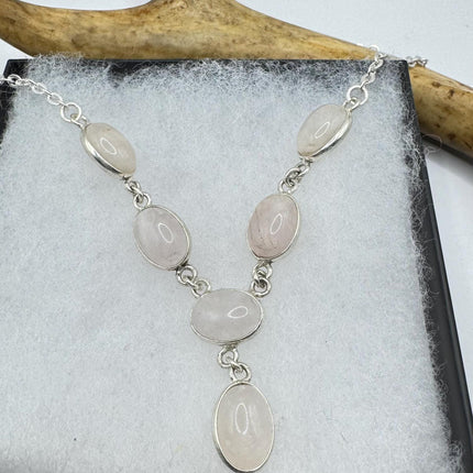 Vintage Pink Rose Quartz Silver Boho Statement Necklace