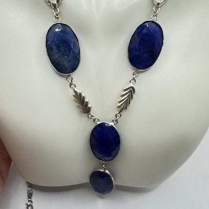 Vintage Raw Blue Sapphire Silver Boho Statement Necklace