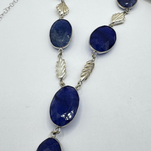 Vintage Raw Blue Sapphire Silver Boho Statement Necklace