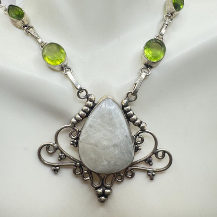 vintage Green Peridot Rainbow Moonstone Boho Statement Necklace