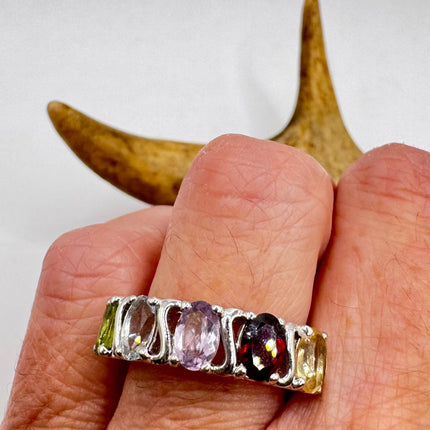 Vintage Rainbow Gemstone Stackable Eternity Ring in 925 Sterling Silver - Engagement Wedding Promise