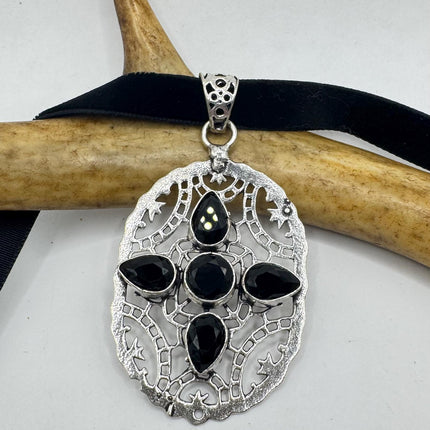 Vintage Black Jet Pendant Ribbon Choker Necklace Silver Bronze Necklace Statement