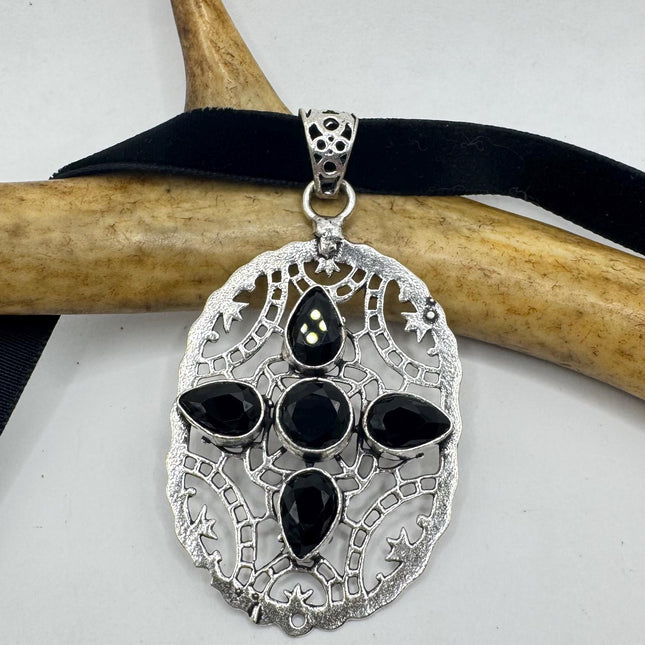 Vintage Black Jet Pendant Ribbon Choker Necklace Silver Bronze Necklace Statement