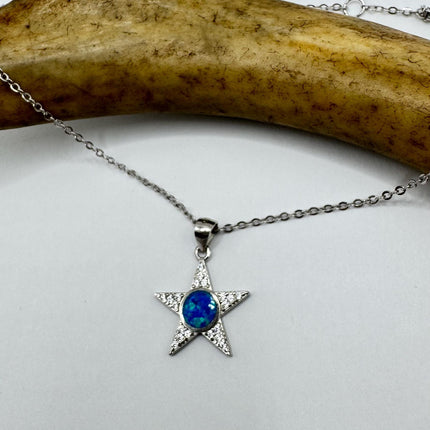 Vintage Blue Fire Opal Star Necklace - Sterling Silver Minimalist Chain