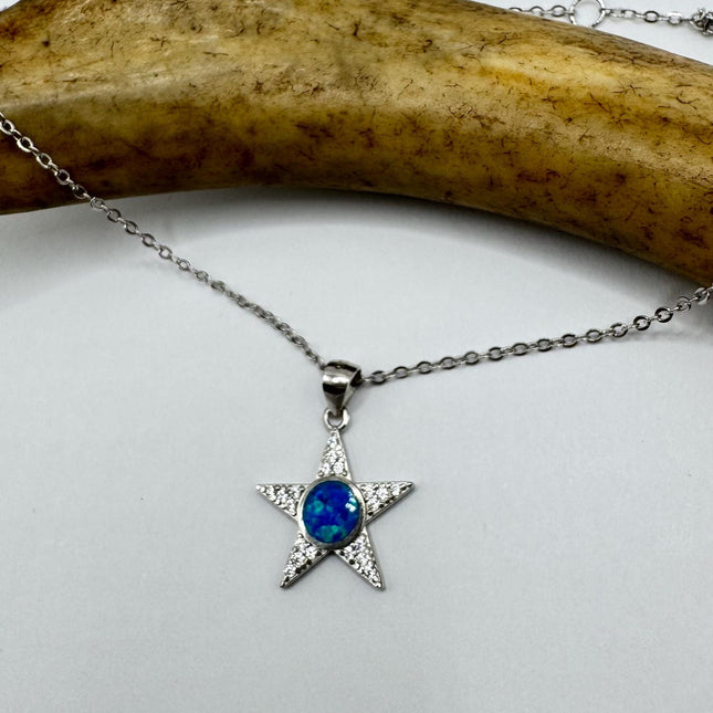 Vintage Blue Fire Opal Star Necklace - Sterling Silver Minimalist Chain