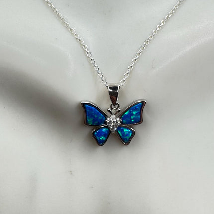 Vintage Blue Fire Opal Butterfly Necklace - Sterling Silver Minimalist Chain