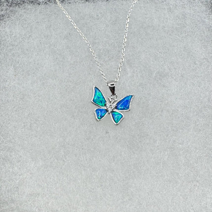Vintage Blue Fire Opal Butterfly Necklace - Sterling Silver Minimalist Chain