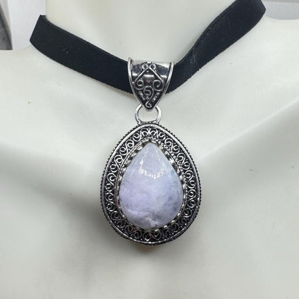 Vintage Silver Bronze Rainbow Moonstone Black Velvet Choker Pendant Necklace