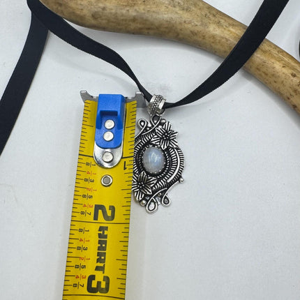 Vintage Silver Bronze Rainbow Moonstone Black Velvet Choker Pendant Necklace