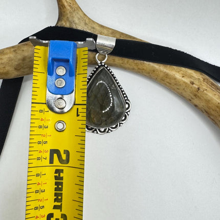 Vintage Silver Bronze Rainbow Moonstone Black Velvet Choker Pendant Necklace