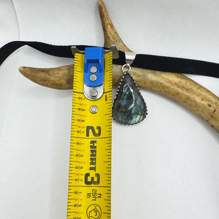 Vintage Silver Bronze Rainbow Labradorite Black Velvet Choker Pendant Necklace