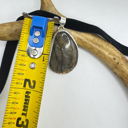 Vintage Silver Bronze Rainbow Labradorite Black Velvet Choker Pendant Necklace