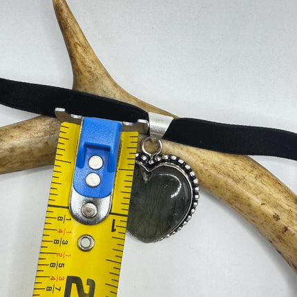 Vintage Silver Bronze heart Rainbow Labradorite Black Velvet Choker Pendant Necklace