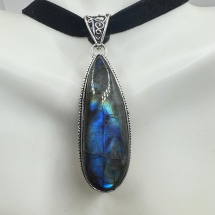 Vintage Silver Bronze Rainbow Labradorite Black Velvet Choker Pendant Necklace