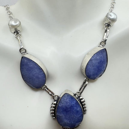 Vintage Raw Blue Sapphire Silver Boho Statement Necklace