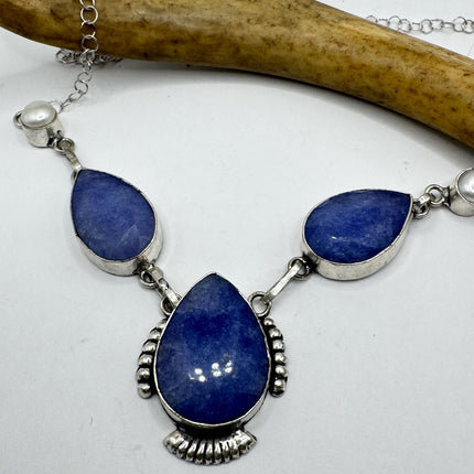 Vintage Raw Blue Sapphire Silver Boho Statement Necklace