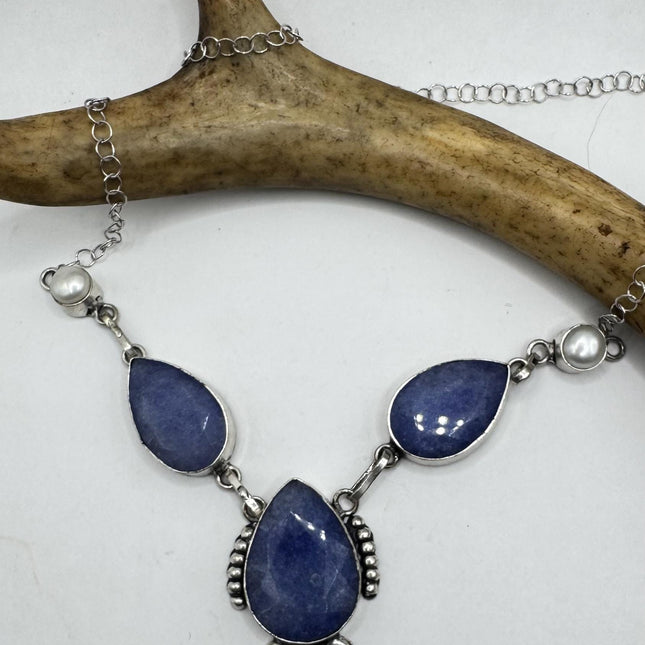 Vintage Raw Blue Sapphire Silver Boho Statement Necklace