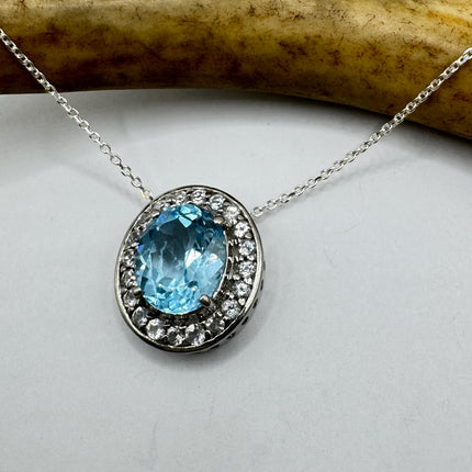 Vintage Tiny Blue Topaz Necklace Dainty Sterling Silver Chain Minimalist Crystal 925 Silver Simple Style