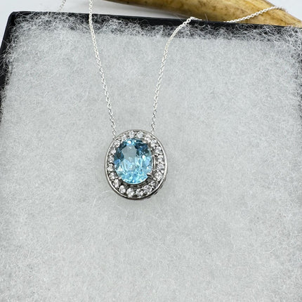 Vintage Tiny Blue Topaz Necklace Dainty Sterling Silver Chain Minimalist Crystal 925 Silver Simple Style