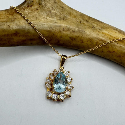 Vintage Tiny Blue Topaz Necklace Dainty Gold Sterling Silver Chain Minimalist Crystal 925 Silver Simple Style