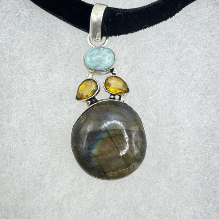 Vintage Silver Bronze Rainbow Labradorite Black Velvet Choker Pendant Necklace