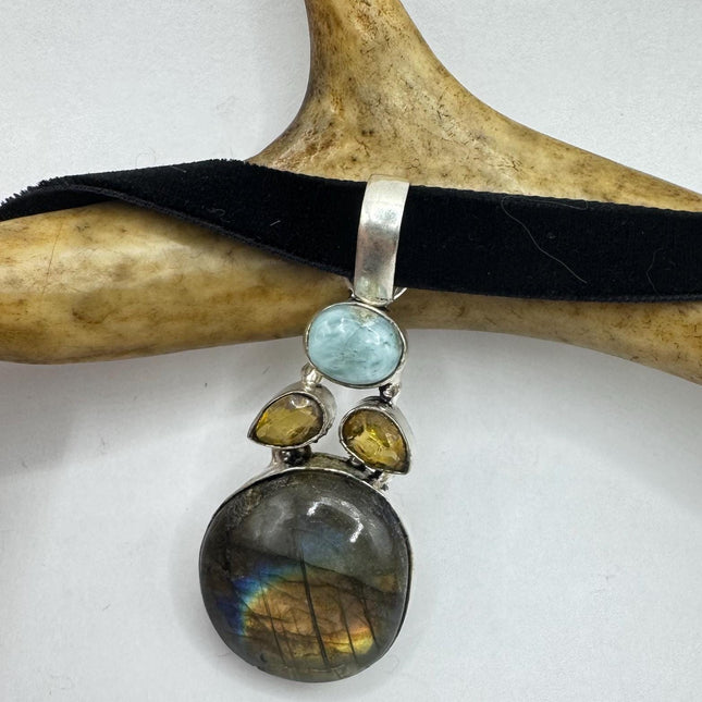 Vintage Silver Bronze Rainbow Labradorite Black Velvet Choker Pendant Necklace