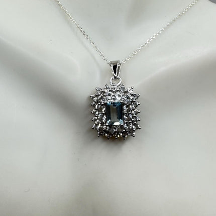 Vintage Tiny Blue Topaz Necklace Dainty Sterling Silver Chain Minimalist Crystal 925 Silver Simple Style