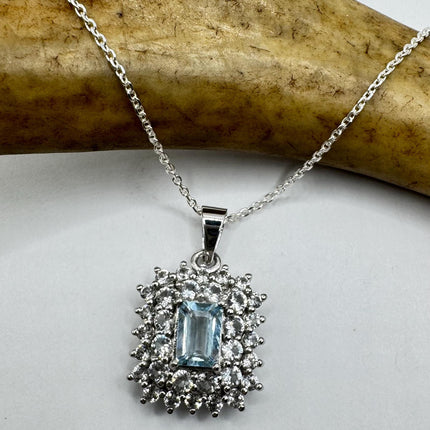 Vintage Tiny Blue Topaz Necklace Dainty Sterling Silver Chain Minimalist Crystal 925 Silver Simple Style