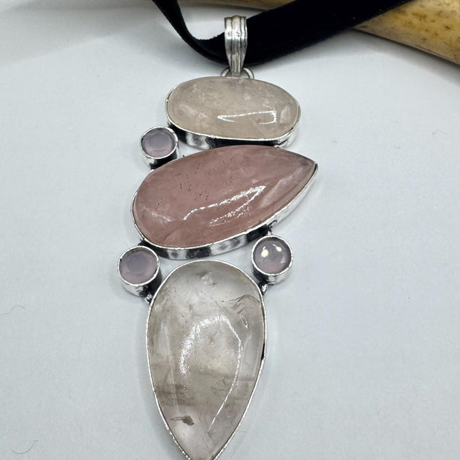 Vintage Pink Rose Quartz Boho Black Velvet Choker Silver Necklace - oval shape